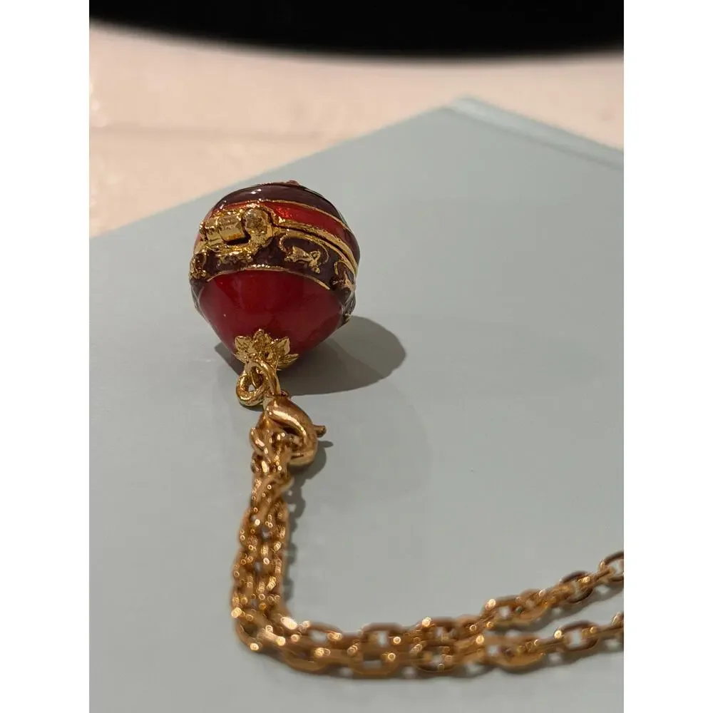 Vintage Joan Rivers Faberge Style Egg Locket Necklace • Red Enamel • Gold Plate